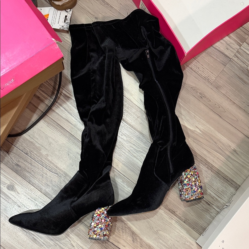 Betsey Johnson Black Over the Knee Boots with Multicolor Heels